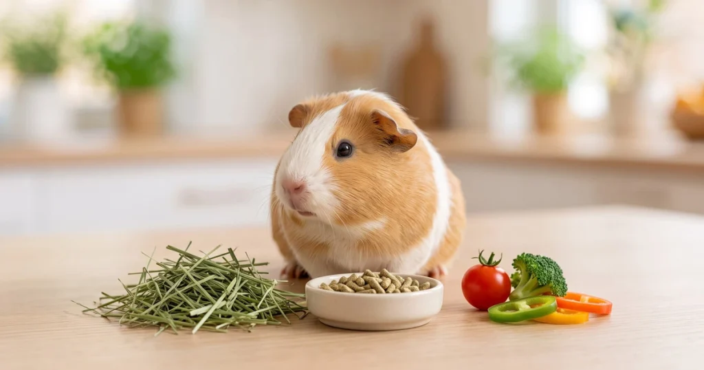 Cochon d'Inde avec du foin, des granulés et des légumes frais