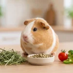 Cochon d'Inde avec du foin, des granulés et des légumes frais