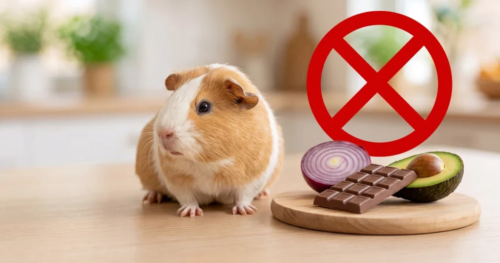 Cochon d'Inde à côté d'aliments interdits comme l'oignon et le chocolat