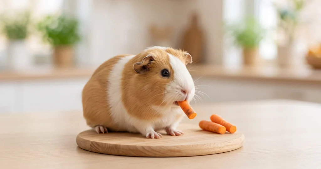 Cochon d'Inde mangeant un bâtonnet de carotte crue
