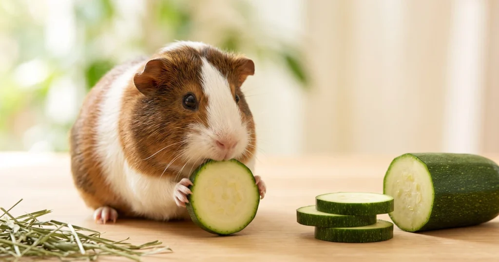 Cochon d'Inde qui mange une rondelle de courgette crue