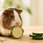 Cochon d'Inde qui mange une rondelle de courgette crue