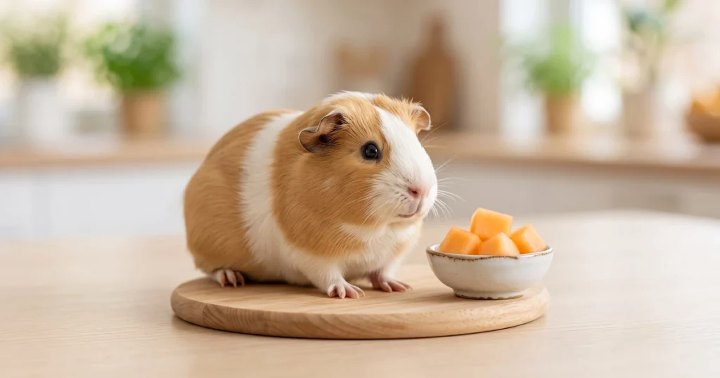 Cochon d'Inde à côté de petits cubes de melon sans pépins