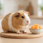 Cochon d'Inde à côté de petits cubes de melon sans pépins
