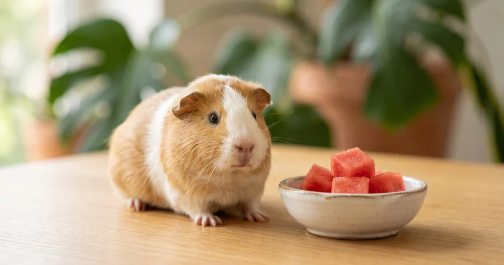 Cochon d'Inde à côté de petits cubes de pastèque sans pépins