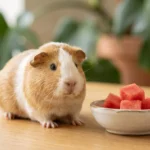 Cochon d'Inde à côté de petits cubes de pastèque sans pépins