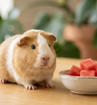 Cochon d'Inde à côté de petits cubes de pastèque sans pépins